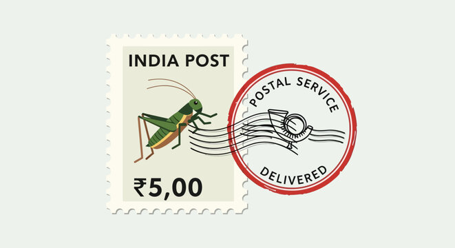 India Post Stamp with Grasshopper and "Delivered" Postmark