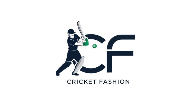 Cricket Player Silhouette Swinging Bat with CF Logo and Text