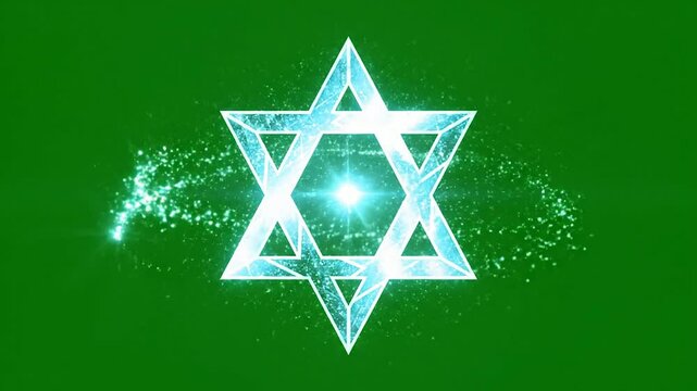 Glowing Geometric Jewish Star Of David Symbol Against Vibrant Green Background With Sparkling Effects
