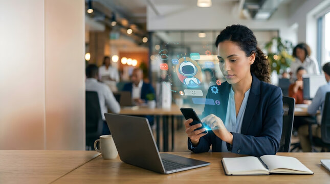 Professional using smartphone with chatbot icons for customer service automation workflow concept AI