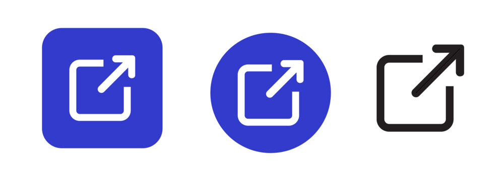 External link icon set in flat vector style. Open in new window symbols with rounded square, circle and outline variants isolated on light background for UI design.