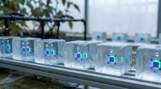AI technology irrigation infrastructure enhances water management efficiency with smart sensors embedded transparent cubes for precise control