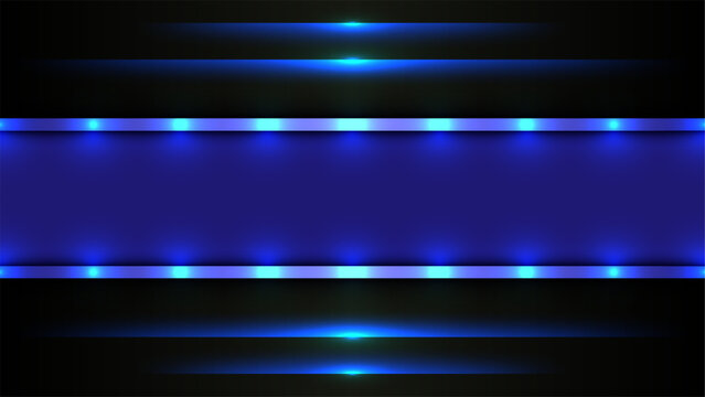 Abstract futuristic technology background with glowing blue neon light spots and central panel on black backdrop, modern digital banner design