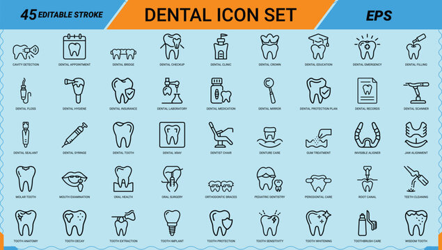 Dental line art icons set, tooth implant, dental checkup, tooth whitening, orthodontic braces, root canal, dental xray, dentist chair, tooth decay, dental crown, Web icon, App icon, Outline icon, Edit