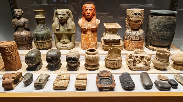 A Collection of Ancient Egyptian Artifacts Displayed in a Museum Showcase