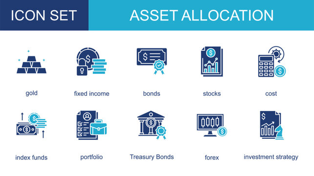 asset allocation icon collection set. with gold,fixed income,bonds,stocks,cost,index funds,portfolio
