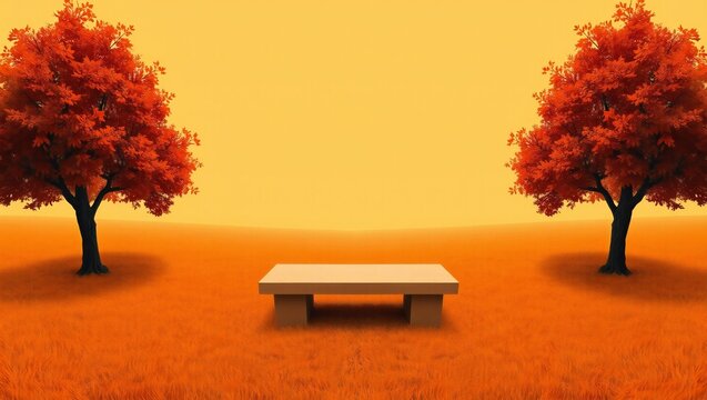Pixel art autumn park scene with a wooden bench between two orange trees