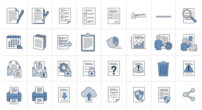 Business Document Icons Set: Paperwork, Data Analysis, Security, Calendar, Workflow, Digital Signature