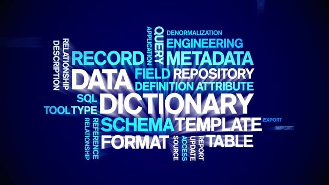 Data Dictionary animated word cloud-text design animation tag kinetic typography seamless loop.