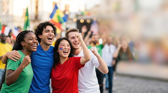 Diverse Group of Young Adult Sports Fans Cheering Together Outdoors with Face Paint and Flags