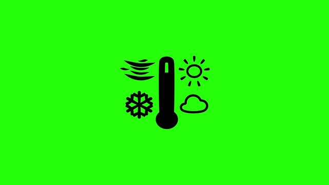 Beautiful 4K motion asset containing a center climate thermometer icon surrounded by sun cloud snow wind seasonal symbols bouncing. Clean popup graphic menu.