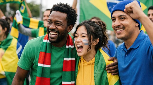 Diverse Group of Young Adult Sports Fans Cheering and Celebrating Victory with National Flags