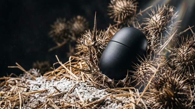 Sleek Black Electronic Device Nestled Among Thorny Dry Thistles and Ash.