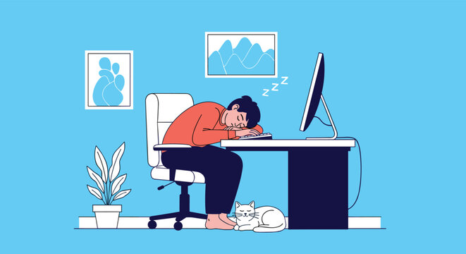 Tired man sleeping on his office desk next to a computer and keyboard while a white cat sleeps peacefully on the floor below him.