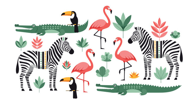 Beautiful illustration of tropical savanna animals featuring zebras flamingos crocodiles toucans and lush green plants on a clean white background.