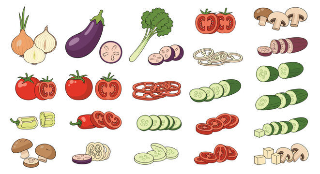 Massive collection of whole and sliced vegetable ingredients including onions eggplant tomatoes mushrooms and cucumbers on white.