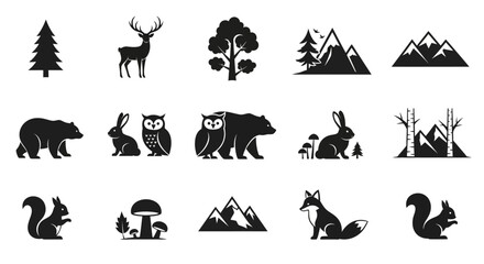Fototapeta premium Black silhouettes of forest animals icons.