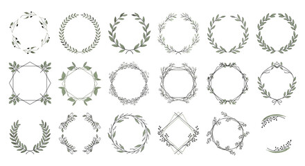 Obraz premium Set of fifteen delicate floral and leafy wreaths in various circular and geometric shapes for elegant wedding designs.