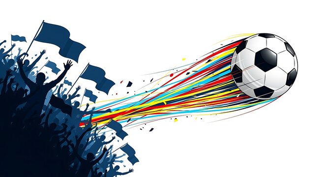 Vibrant world cup soccer ball with cheering crowd and colorful streaks