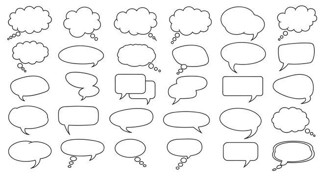 Large set of various empty speech bubbles and thought clouds in different shapes for comic and dialogue design.