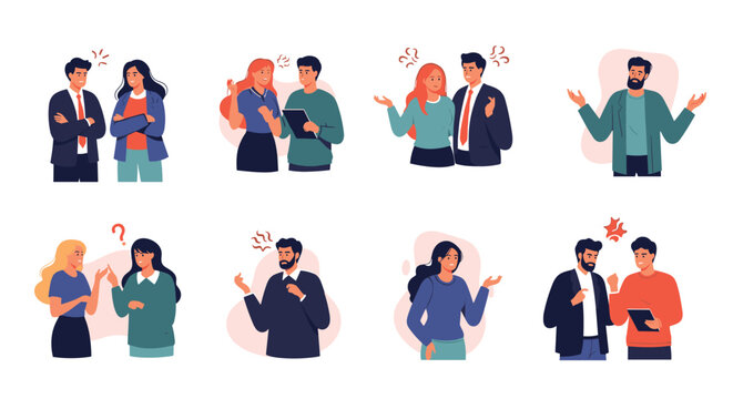 Collection of eight scenes depicting diverse men and women engaged in arguments disagreements and expressive conflict.