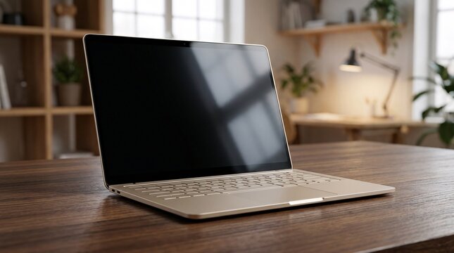 A laptop sits open on a wooden tabletop in a modern room with natural light.