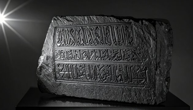 Ancient cuneiform inscription intricately carved into a polished black basalt stele, revealing historical Mesopotamian writing
