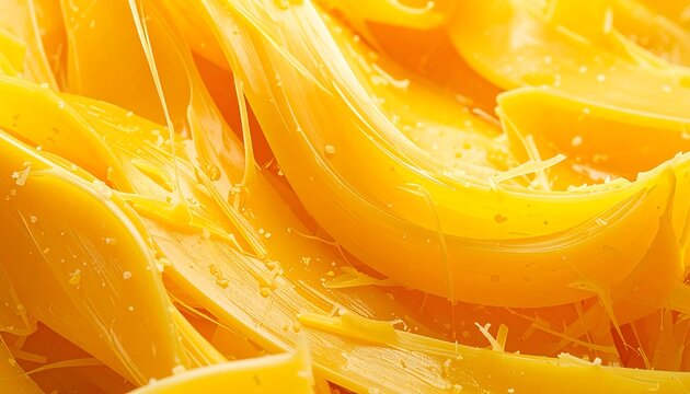 Close-up of cut yellow fruit, maybe mango or jackfruit, with glossy texture and water droplets