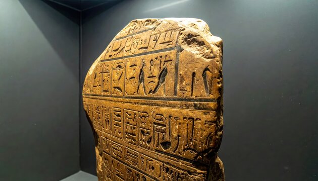 Close up detailed view of an ancient Egyptian hieroglyphic inscription on a stone replica artifact