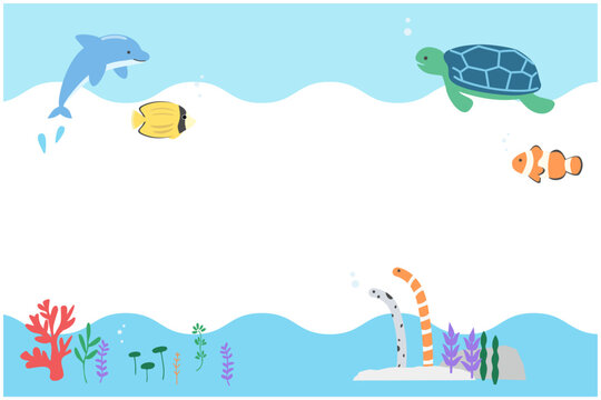 海の仲間たちのかわいいマリンフレームイラスト素材