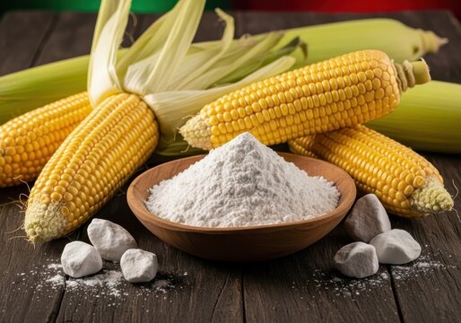 Cornstarch and Fresh Corn Cobs on a Wooden Surface, Ingredients for Cooking and Baking