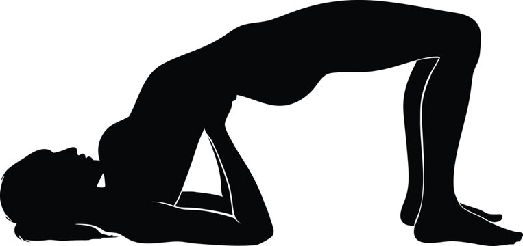 Yoga bridge pose silhouette, woman practicing setu bandhasana exercise, black vector illustration of female fitness and wellness stretching