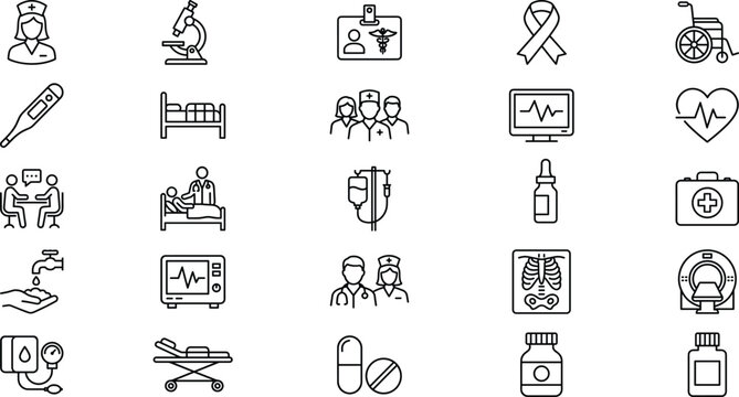  Medical care hospital treatment and healthcare services outline icon vector set with doctors nurses and equipment
