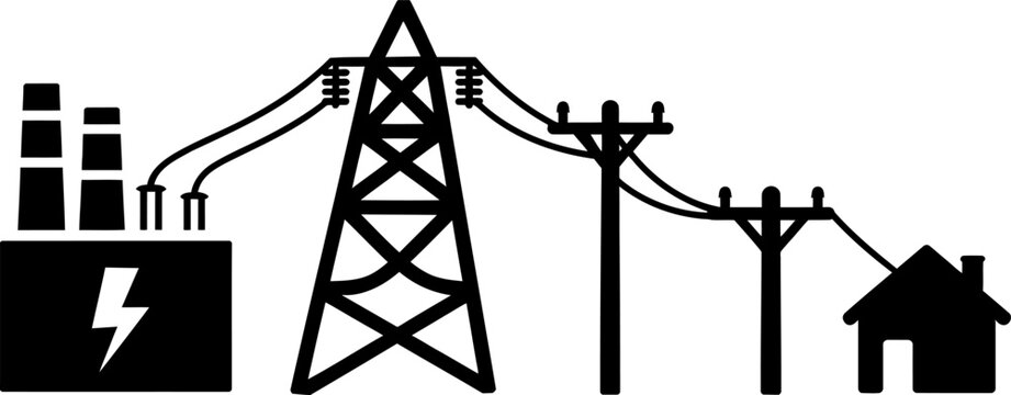 Black and white illustration of power transmission to a house