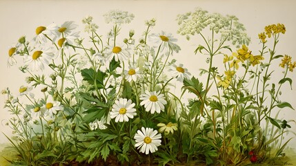 Fototapeta premium Old chromolithograph illustration of Botany, scentless false mayweed, scentless mayweed, scentless chamomile, wild chamomile, mayweed, false chamomile, and Baldr's brow