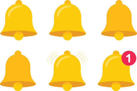 Yellow notification bell icons, alert reminder buttons, social media ringing app design element collection on white background