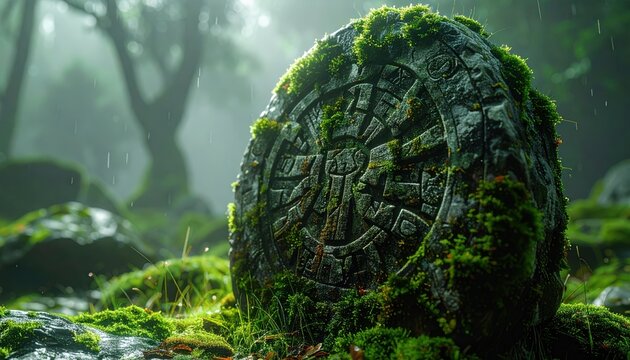 Detailed view of an ancient moss-covered stone with intricate runic inscriptions in a mystical forest setting