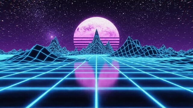 Retro 80s Synthwave Grid Landscape with Neon Moon and Stars