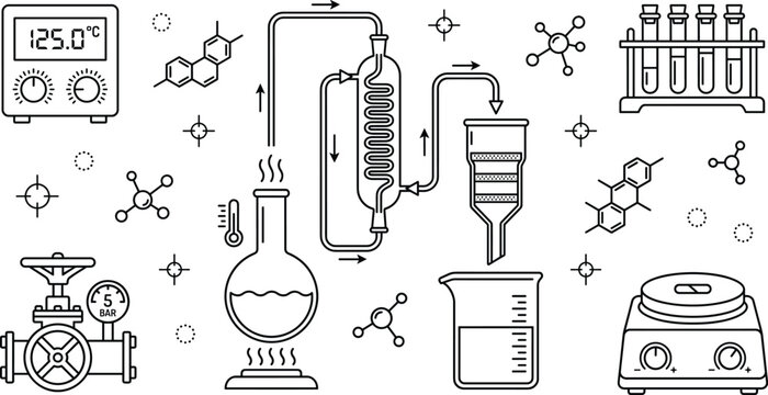 Chemical distillation process and laboratory equipment line icon vector set with flasks beaker molecules and controllers