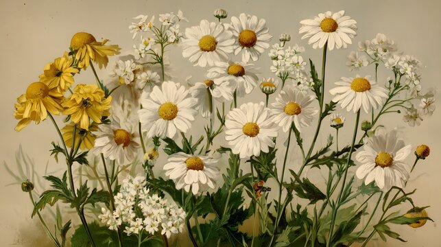 Old chromolithograph illustration of Botany, scentless false mayweed, scentless mayweed, scentless chamomile, wild chamomile, mayweed, false chamomile, and Baldr's brow