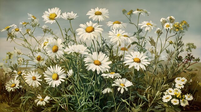 Old chromolithograph illustration of Botany, scentless false mayweed, scentless mayweed, scentless chamomile, wild chamomile, mayweed, false chamomile, and Baldr's brow