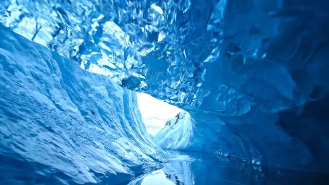 Interior view of a glowing blue ice cave inside a glacier with reflective frozen textures and a tunnel leading to an opening with bright natural light in the distance.