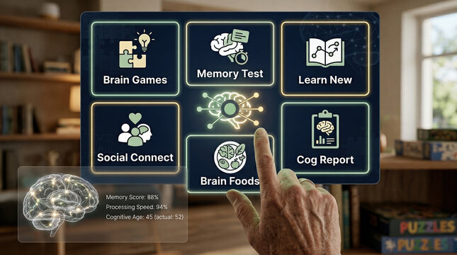 Cognitive brain training app interface for seniors, elderly person using memory test and brain games on digital tablet, mental health technology