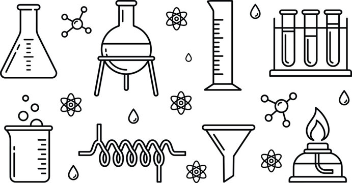 Science and chemistry laboratory equipment line icon vector set with flasks test tubes beaker and burner