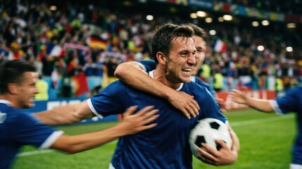 Fototapeta premium Excited Young Male Soccer Players Celebrating A Goal Victory On The Field During A Professional Match