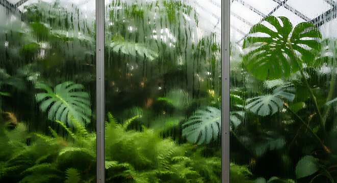 Lush tropical plants thrive inside a serene greenhouse environment with large leafy vegetation and warm humid air