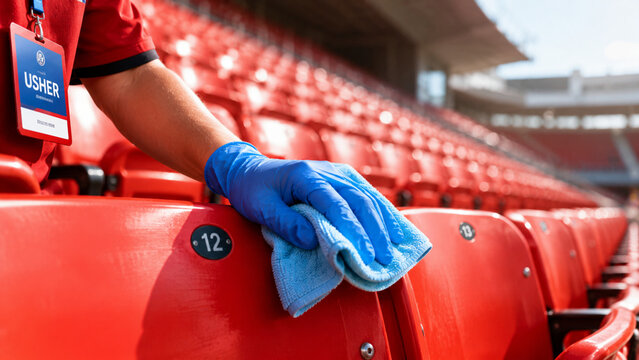 Hand wiping down a red stadium seat with empty arena background