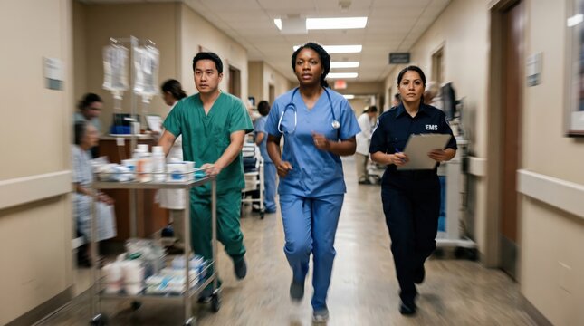 Diverse Medical Team Rushing Through Hospital Hallway During Emergency Response