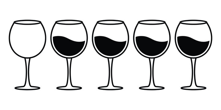 Wine glass vector icon minimalist black and white design featuring empty and filled glasses with flowing liquid wave elements for winery menus bar branding tasting and event hospitality use