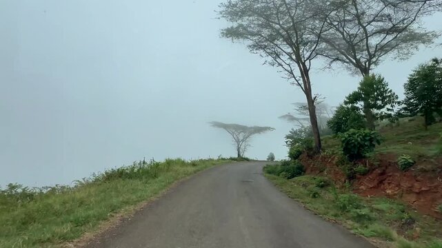 Driving along foggy road near Zomba, Malawi.